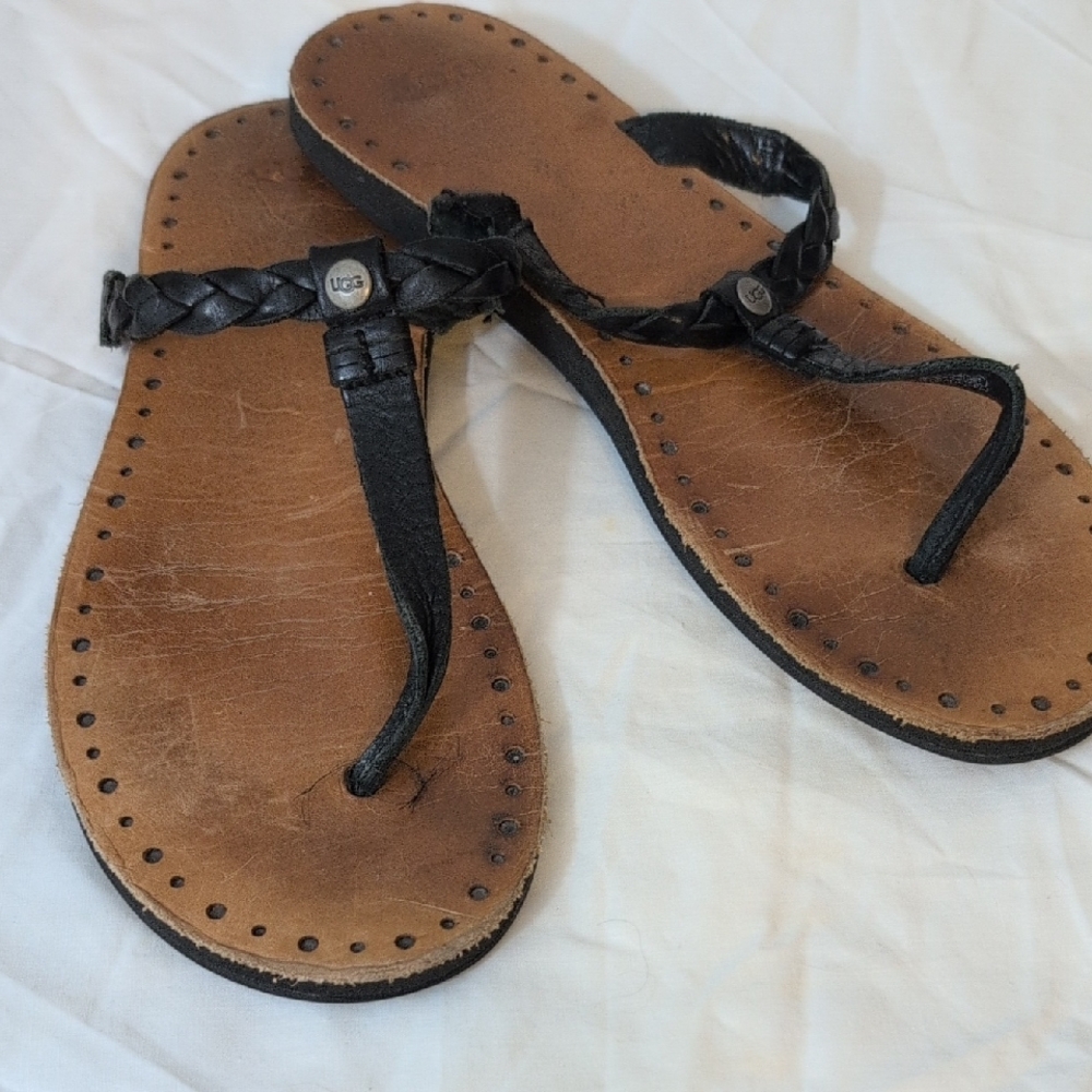 UGG Black and Brown Sandals with Braided Straps